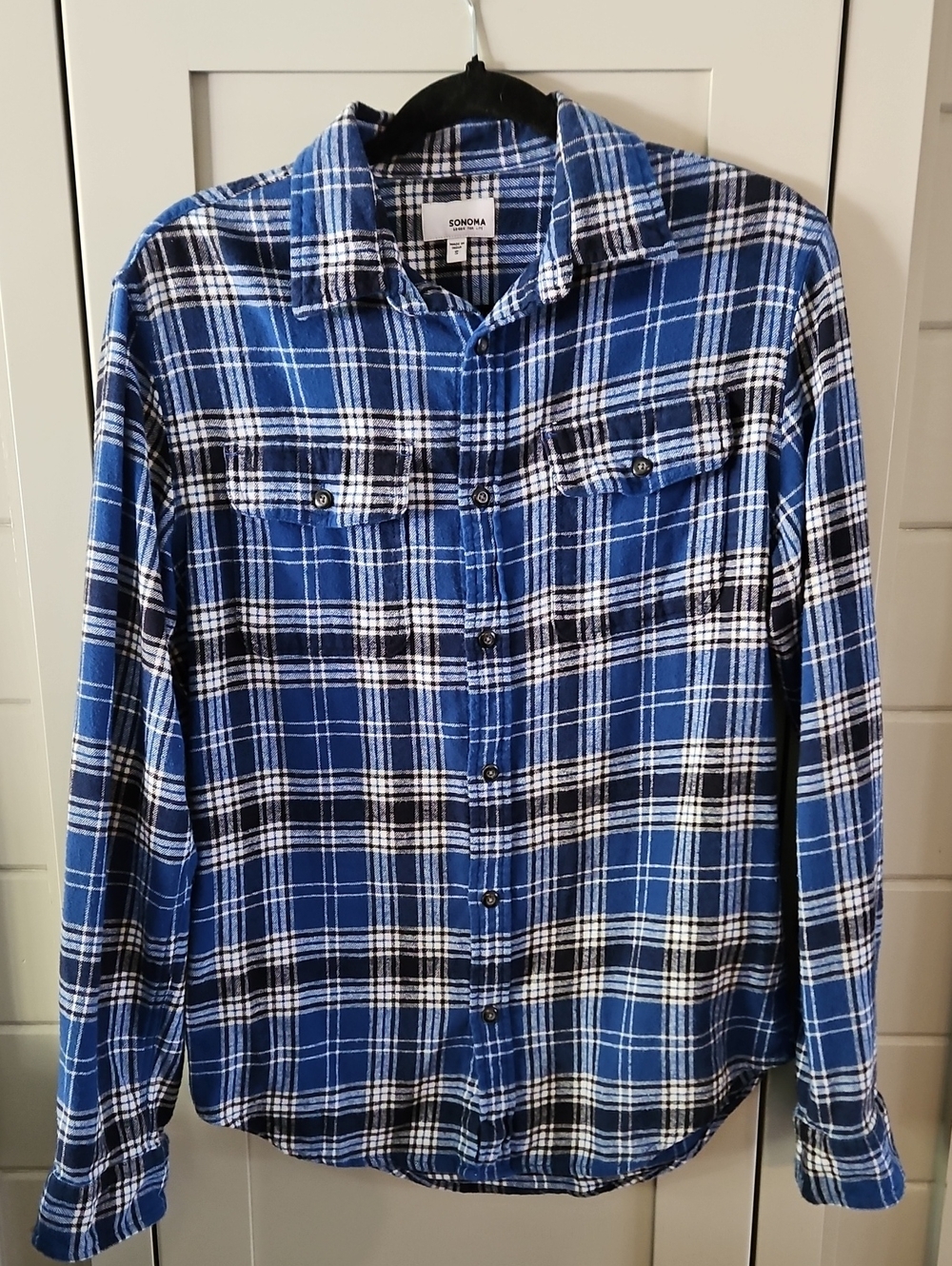 Sonoma Blue/White Plaid Long-Sleeve Button-Down Cotton Flannel Shirt SzS Ptp22